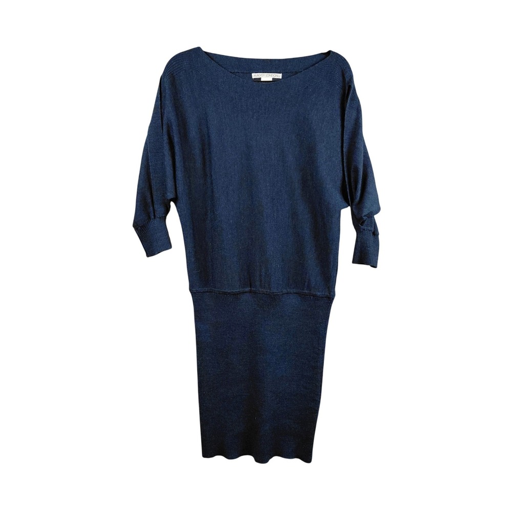 MAGGY LONDON Blue Knit Sweater Dress Boat Neck Dolman‎ Sleeve Midi